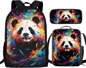 Howilath Backpack for Boys Girls Cute Graffiti Panda Pattern School Bag Kids Bookbag Teen Backpack Set Daypack with Lunch Bag and Pencil Case