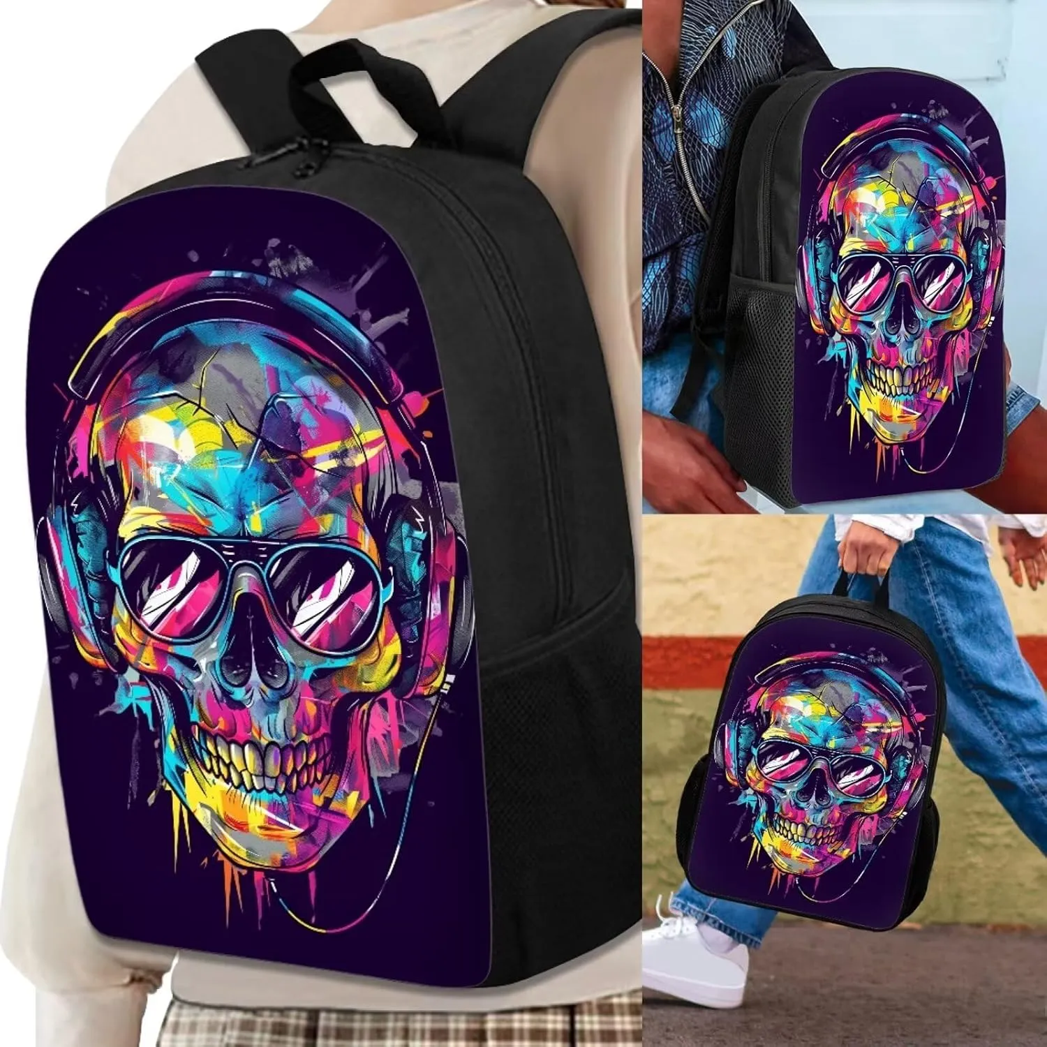 Howilath Backpack for Kids Girls Boys Cool Music Skull Print School Bags Teen Stylish Bookbags Set School Backpack with Lunch Box and Pencil Case