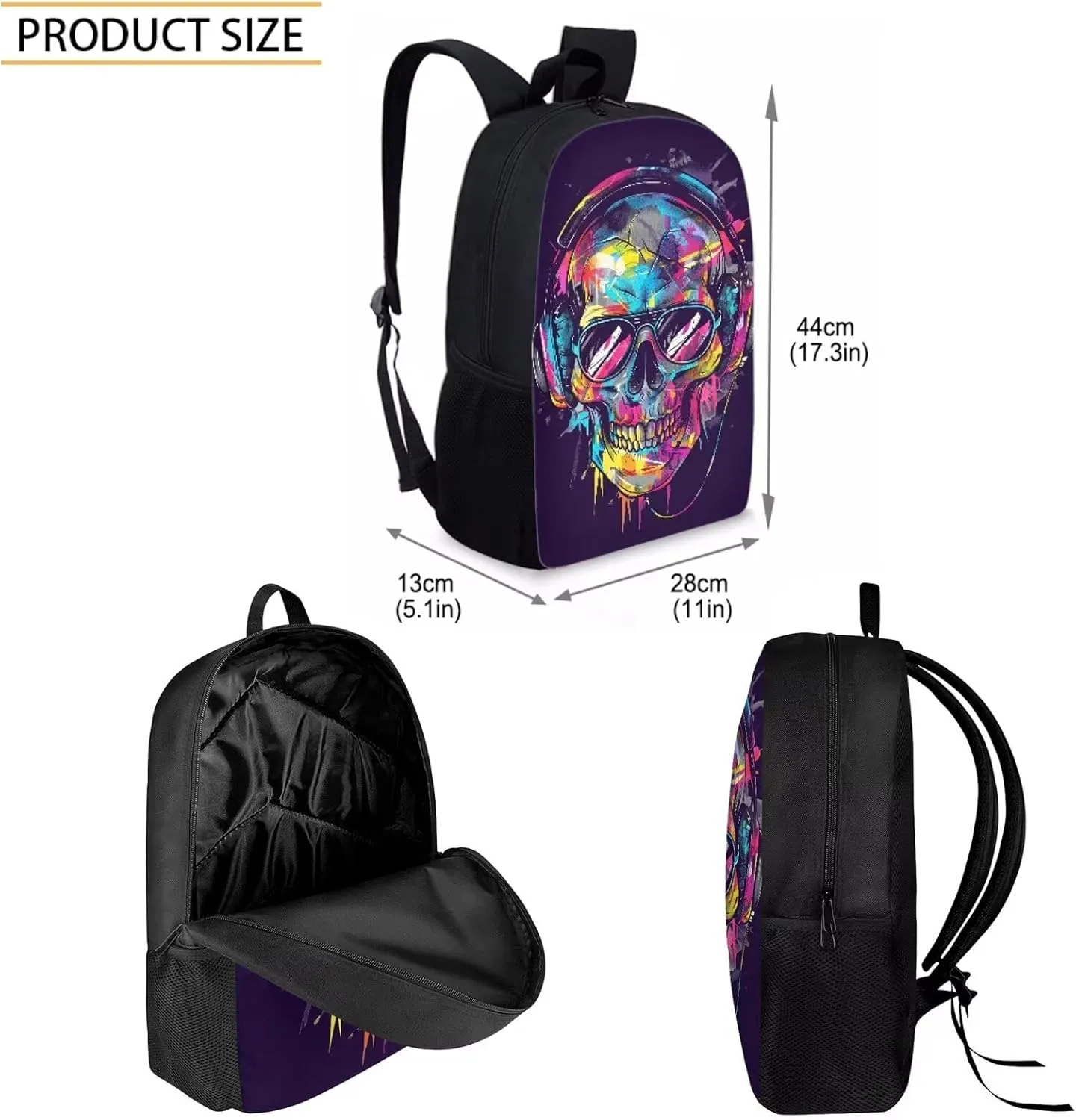 Howilath Backpack for Kids Girls Boys Cool Music Skull Print School Bags Teen Stylish Bookbags Set School Backpack with Lunch Box and Pencil Case