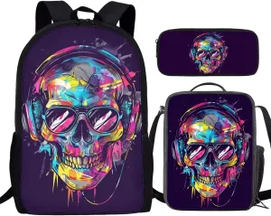 Howilath Backpack for Kids Girls Boys Cool Music Skull Print School Bags Teen Stylish Bookbags Set School Backpack with Lunch Box and Pencil Case