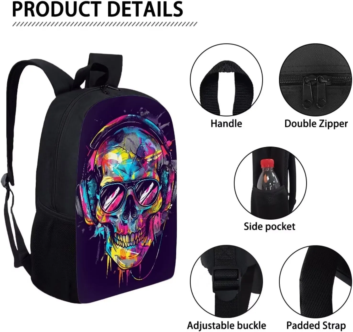 Howilath Backpack for Kids Girls Boys Cool Music Skull Print School Bags Teen Stylish Bookbags Set School Backpack with Lunch Box and Pencil Case