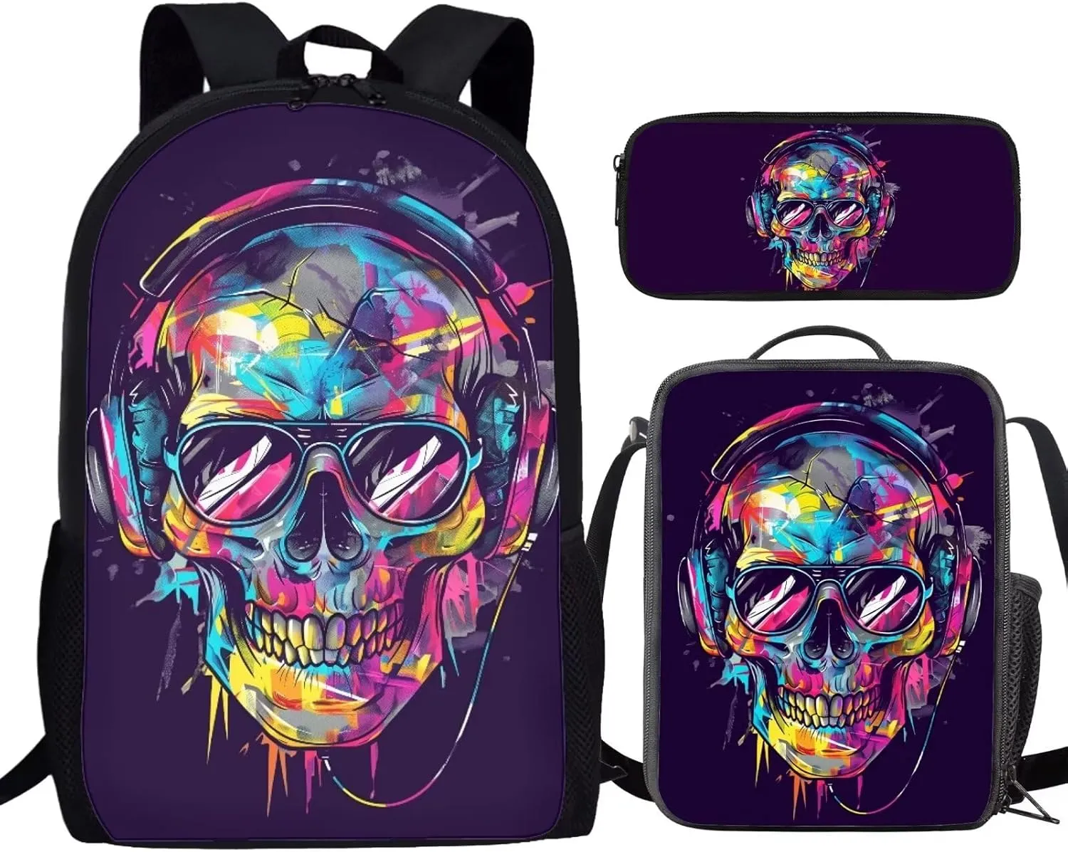 Howilath Backpack for Kids Girls Boys Cool Music Skull Print School Bags Teen Stylish Bookbags Set School Backpack with Lunch Box and Pencil Case