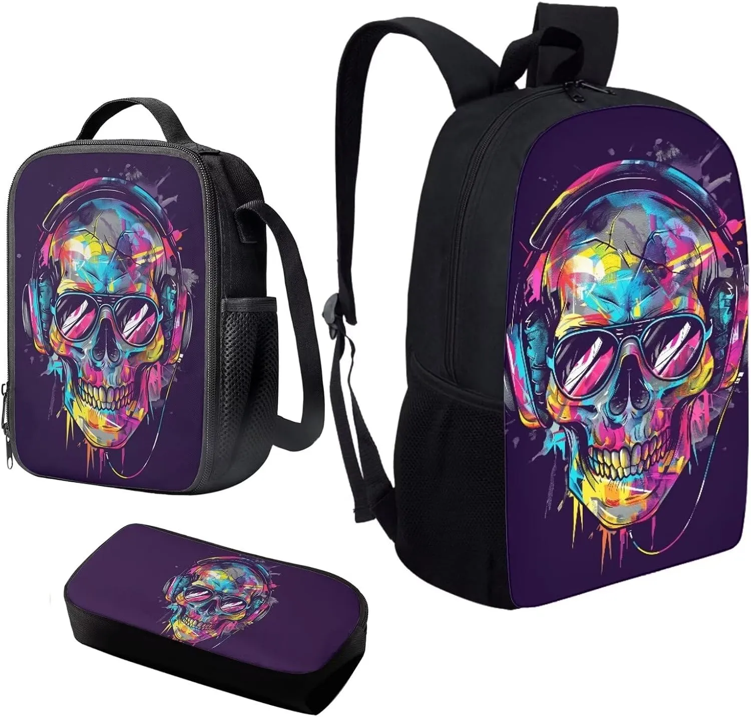 Howilath Backpack for Kids Girls Boys Cool Music Skull Print School Bags Teen Stylish Bookbags Set School Backpack with Lunch Box and Pencil Case