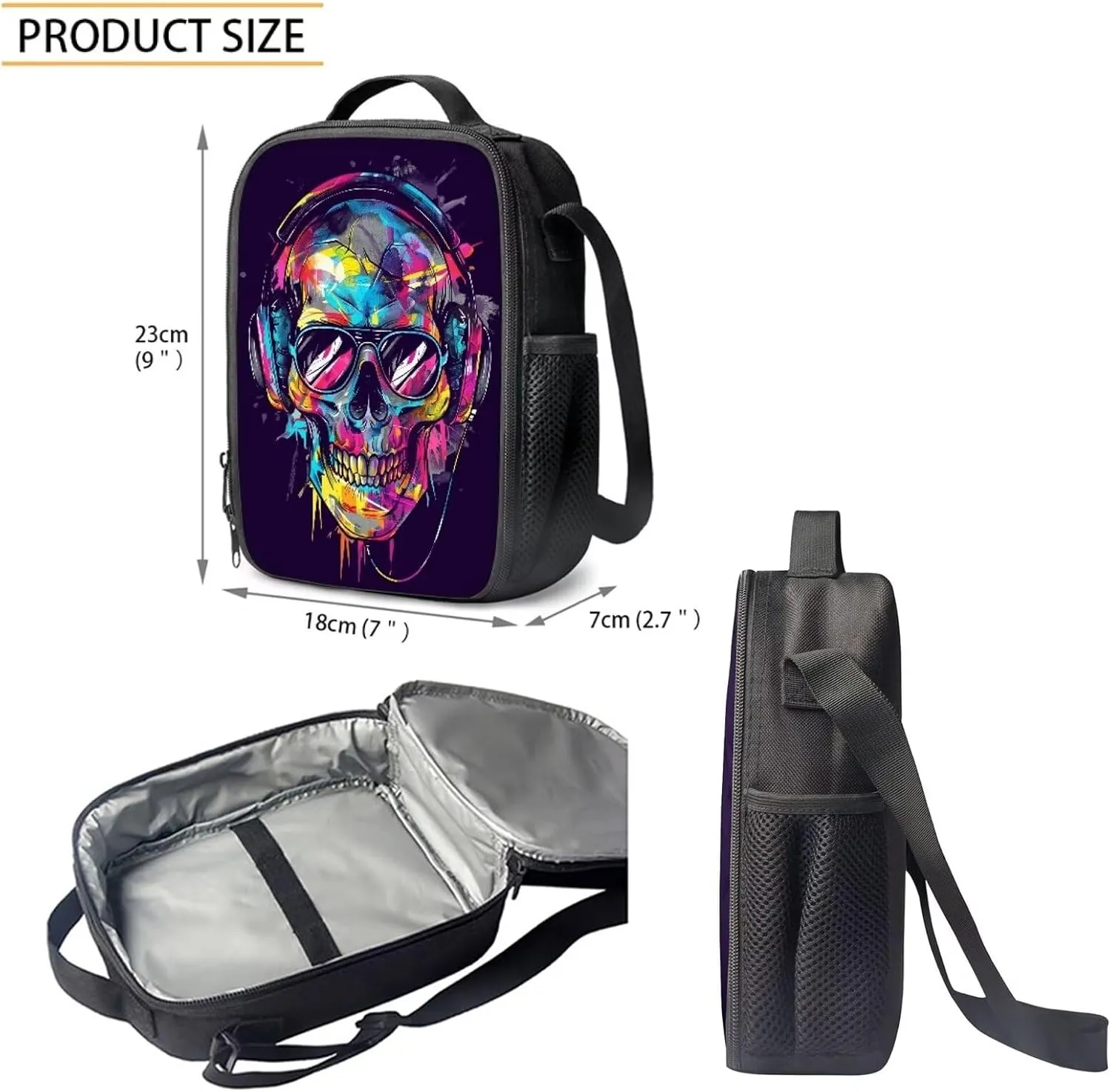 Howilath Backpack for Kids Girls Boys Cool Music Skull Print School Bags Teen Stylish Bookbags Set School Backpack with Lunch Box and Pencil Case