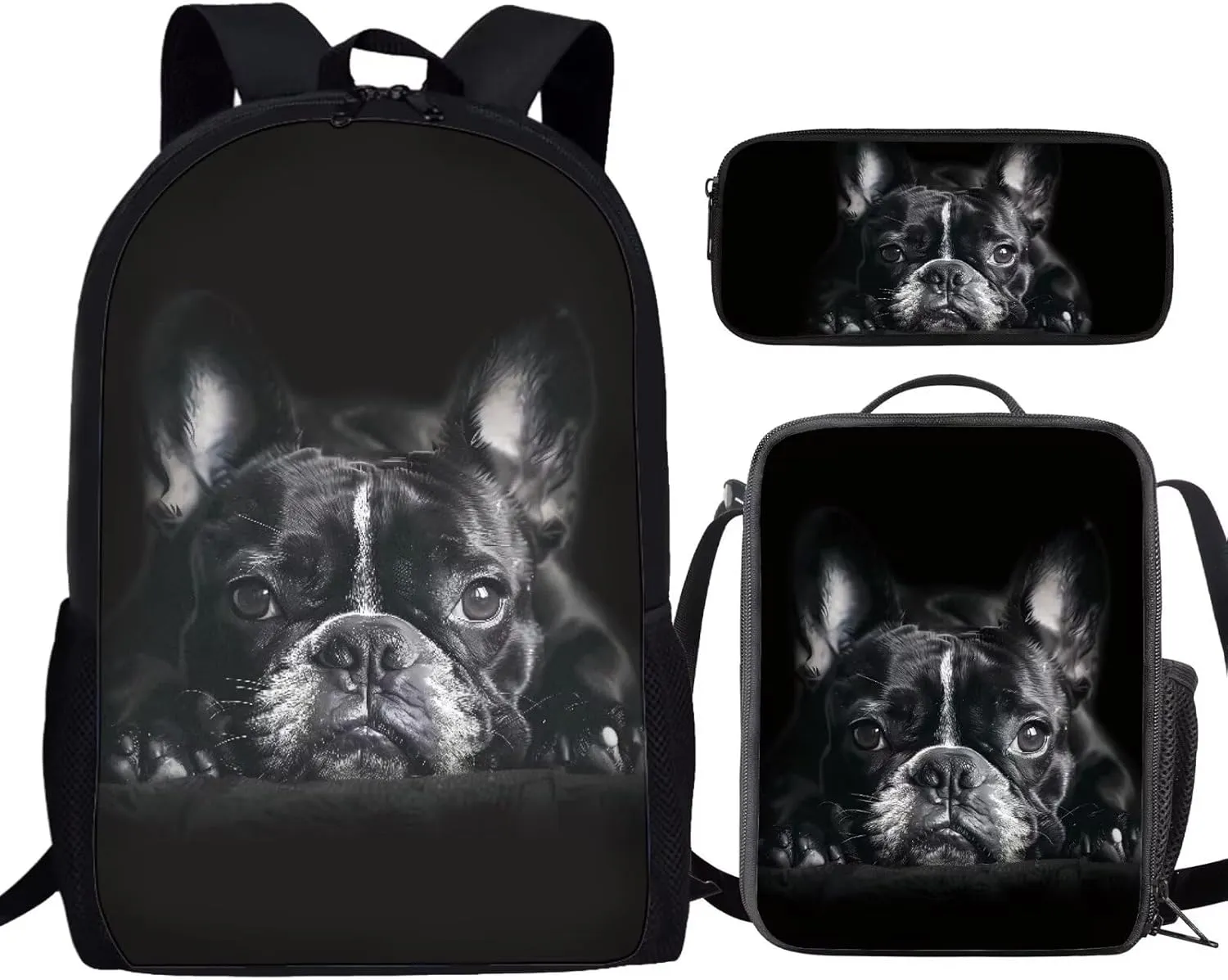 Howilath Black French Bulldog Print School Backpack Boys Kids School Bookbag Set, 17 Inch Cute Backpack for Boys College Bookbags Shoulder Bag Pencil Cases Lunchbox