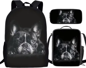 Howilath Black French Bulldog Print School Backpack Boys Kids School Bookbag Set, 17 Inch Cute Backpack for Boys College Bookbags Shoulder Bag Pencil Cases Lunchbox