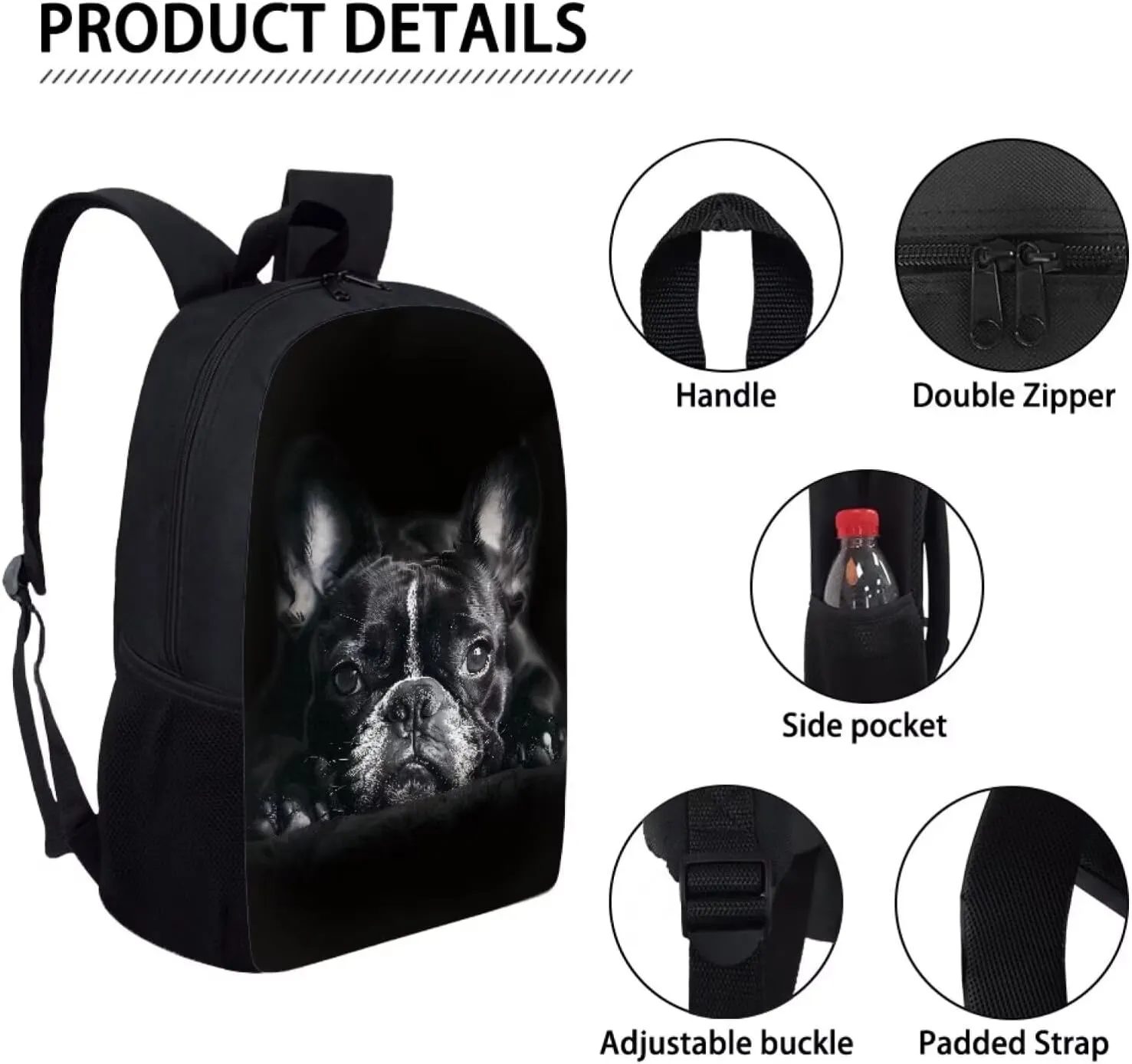 Howilath Black French Bulldog Print School Backpack Boys Kids School Bookbag Set, 17 Inch Cute Backpack for Boys College Bookbags Shoulder Bag Pencil Cases Lunchbox