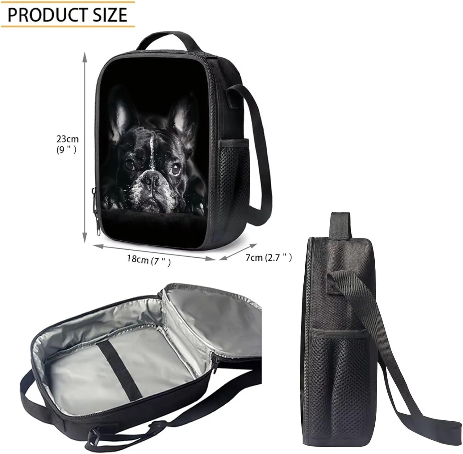 Howilath Black French Bulldog Print School Backpack Boys Kids School Bookbag Set, 17 Inch Cute Backpack for Boys College Bookbags Shoulder Bag Pencil Cases Lunchbox
