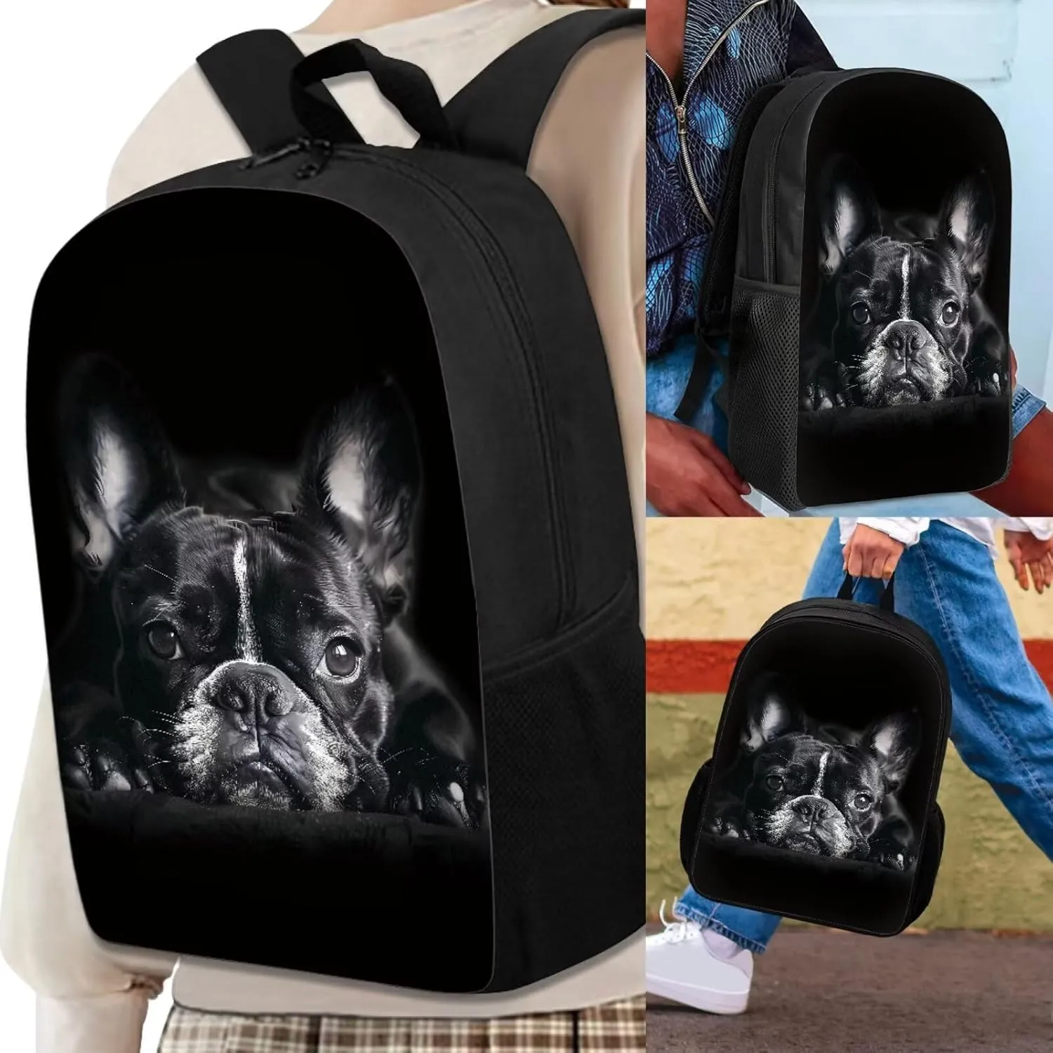 Howilath Black French Bulldog Print School Backpack Boys Kids School Bookbag Set, 17 Inch Cute Backpack for Boys College Bookbags Shoulder Bag Pencil Cases Lunchbox