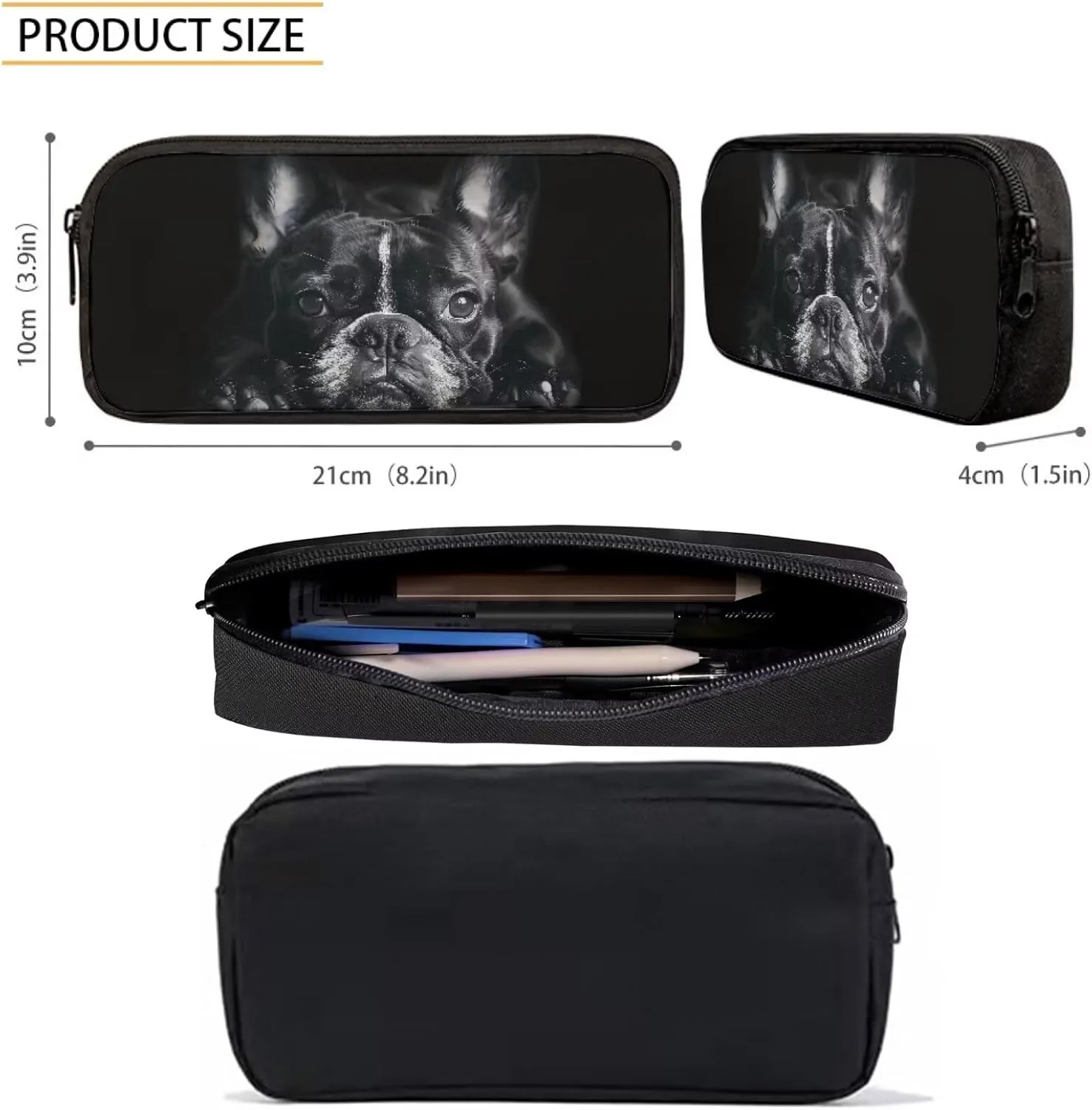 Howilath Black French Bulldog Print School Backpack Boys Kids School Bookbag Set, 17 Inch Cute Backpack for Boys College Bookbags Shoulder Bag Pencil Cases Lunchbox