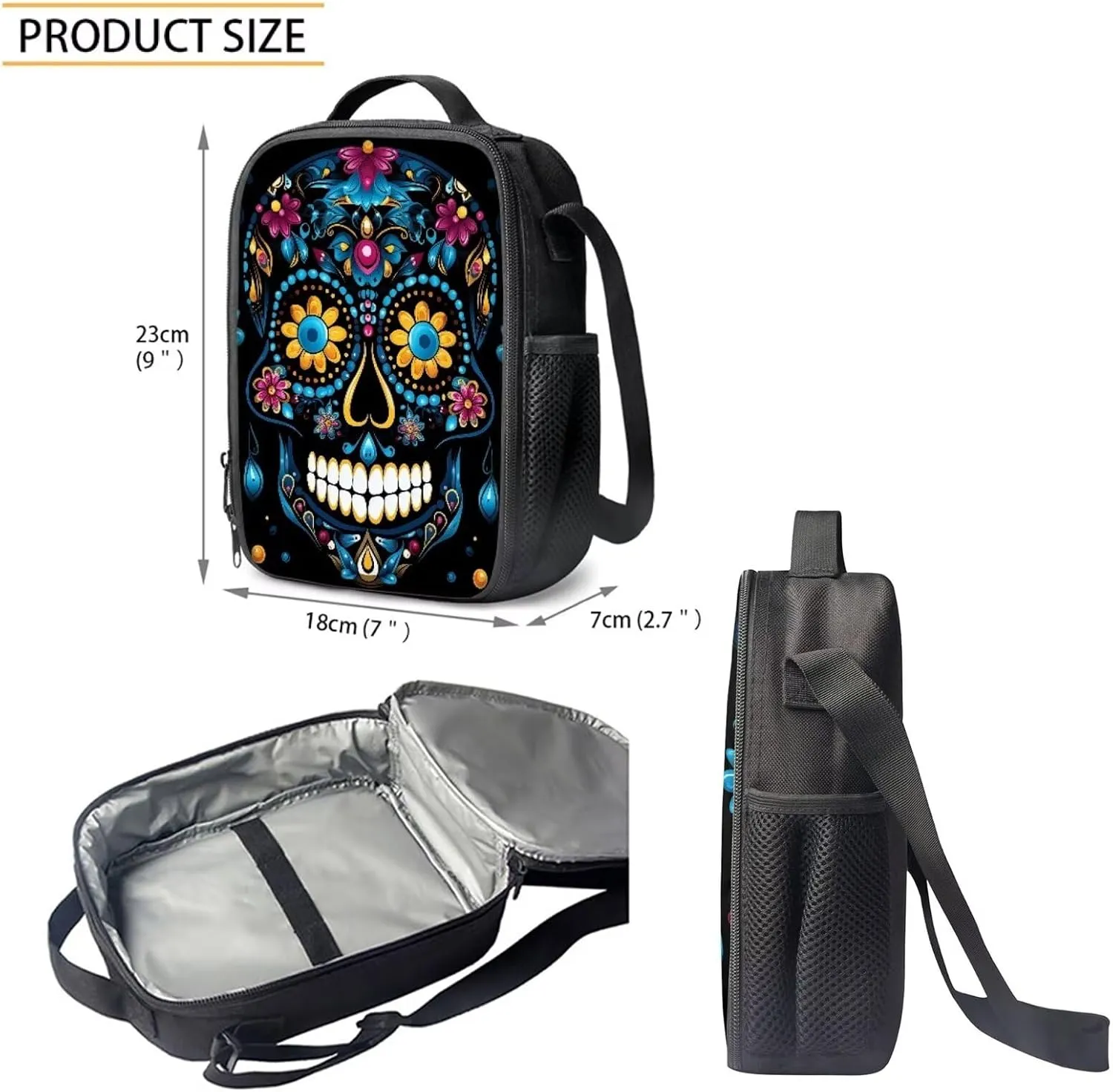Howilath Blue Sugar Skull School Canvas Backpack Teens Bag Bookbags Set 3 in 1 Set, 17" Backpack Set Kids Boys Book Bag with Lunch Box Pencil Case