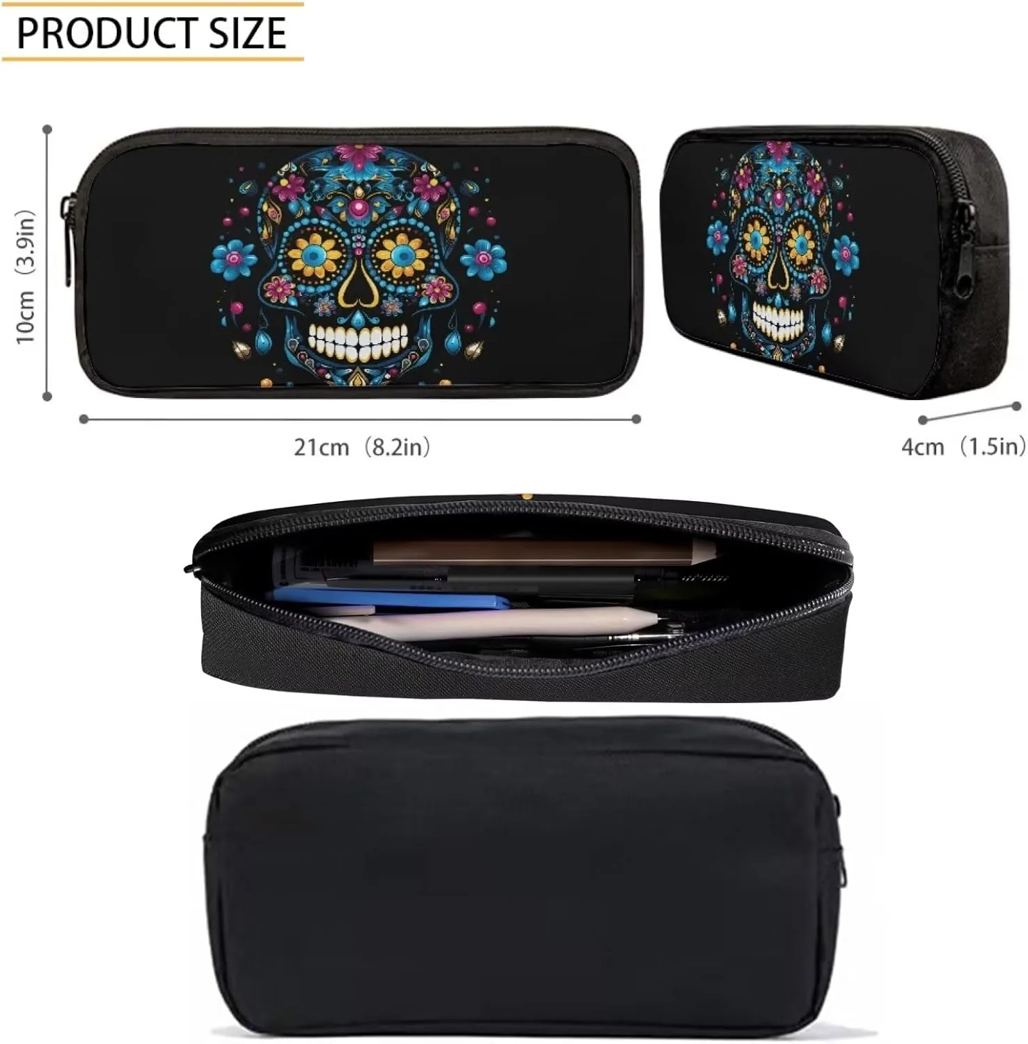 Howilath Blue Sugar Skull School Canvas Backpack Teens Bag Bookbags Set 3 in 1 Set, 17" Backpack Set Kids Boys Book Bag with Lunch Box Pencil Case