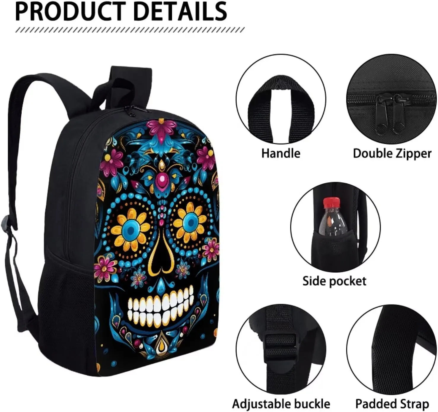 Howilath Blue Sugar Skull School Canvas Backpack Teens Bag Bookbags Set 3 in 1 Set, 17" Backpack Set Kids Boys Book Bag with Lunch Box Pencil Case