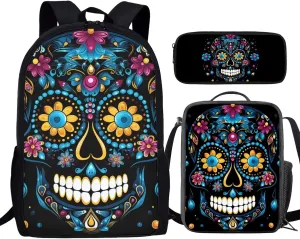 Howilath Blue Sugar Skull School Canvas Backpack Teens Bag Bookbags Set 3 in 1 Set, 17" Backpack Set Kids Boys Book Bag with Lunch Box Pencil Case