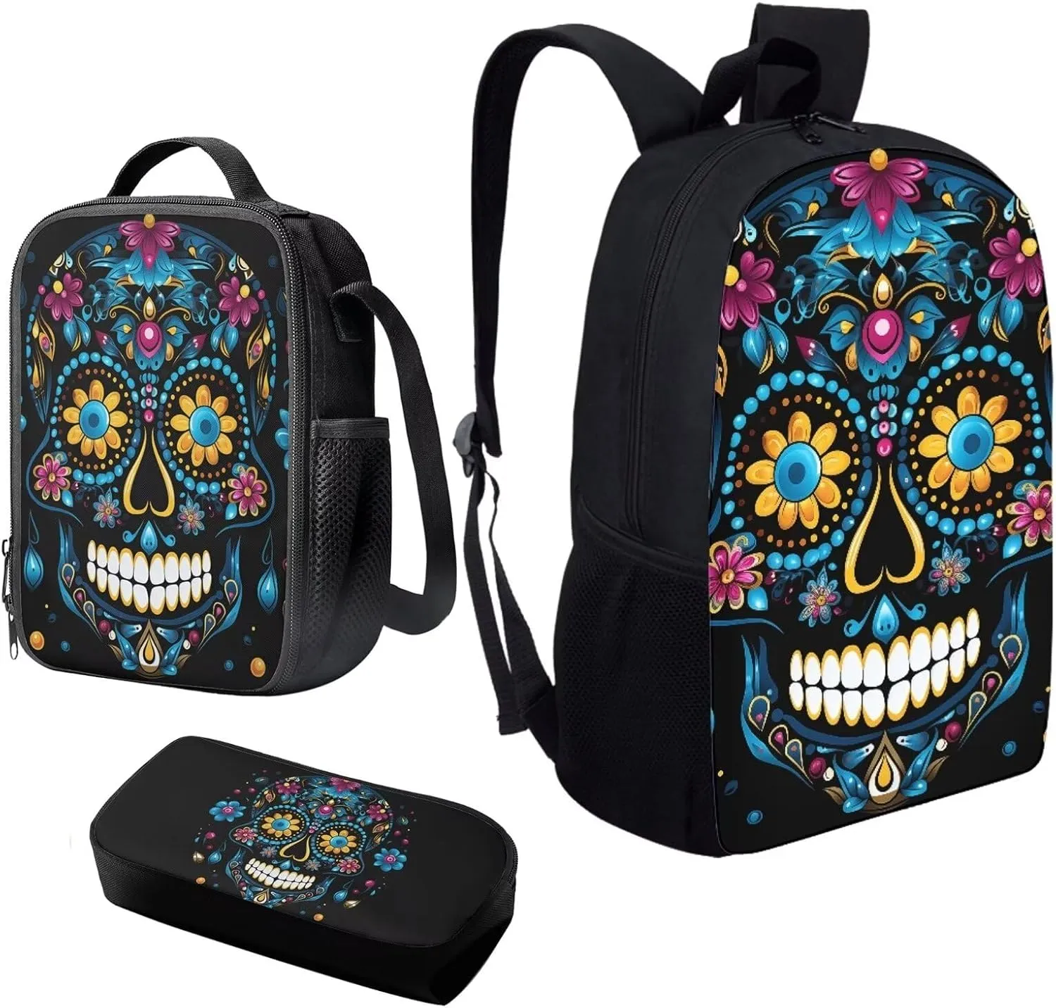 Howilath Blue Sugar Skull School Canvas Backpack Teens Bag Bookbags Set 3 in 1 Set, 17" Backpack Set Kids Boys Book Bag with Lunch Box Pencil Case