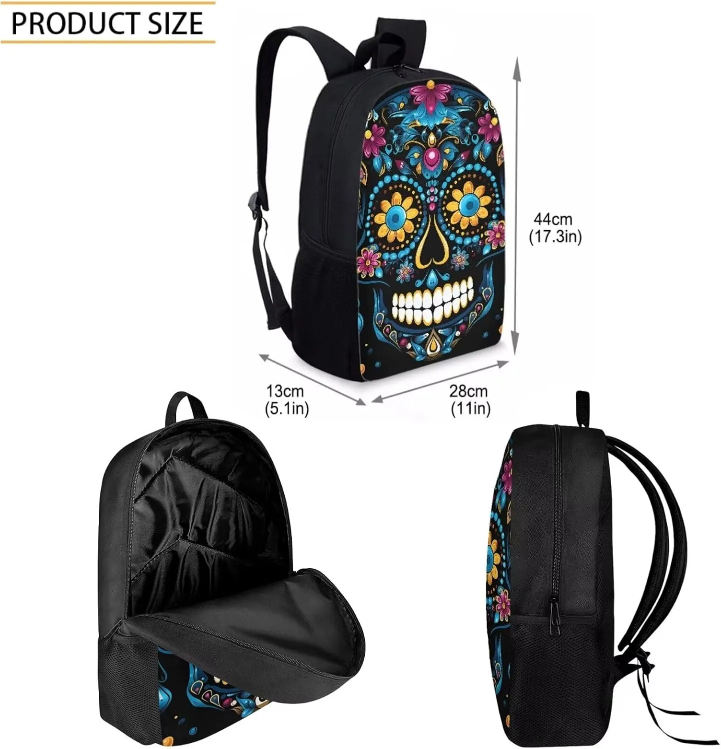 Howilath Blue Sugar Skull School Canvas Backpack Teens Bag Bookbags Set 3 in 1 Set, 17" Backpack Set Kids Boys Book Bag with Lunch Box Pencil Case