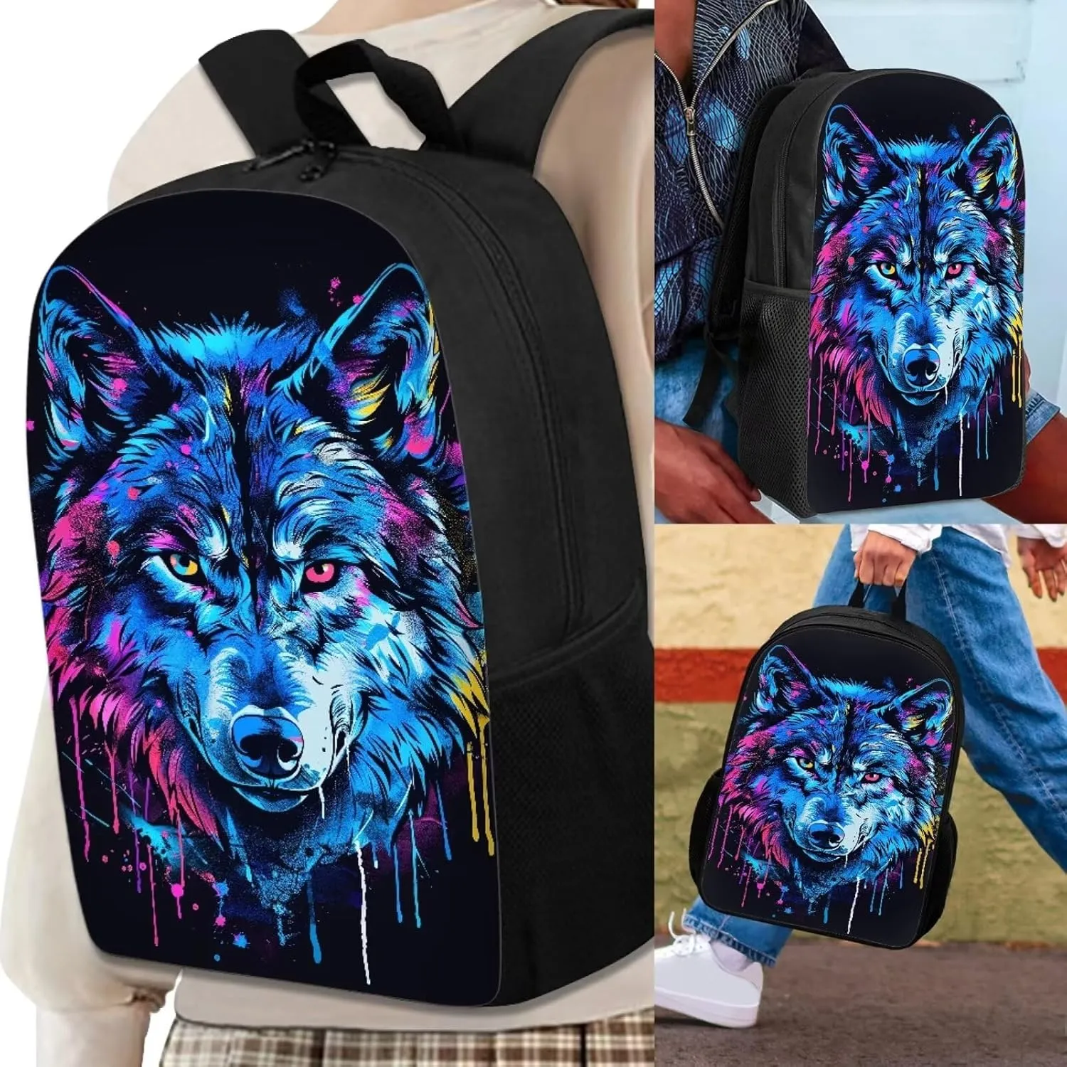 Howilath Blue Wolf Graffiti Pattern Backpack with Lunch Bag for Boys School, 17 Inch Teen Backpack Set Kids School Bags Bookbags 3 in 1 Pencial Case With Lunchbox