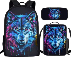 Howilath Blue Wolf Graffiti Pattern Backpack with Lunch Bag for Boys School, 17 Inch Teen Backpack Set Kids School Bags Bookbags 3 in 1 Pencial Case With Lunchbox