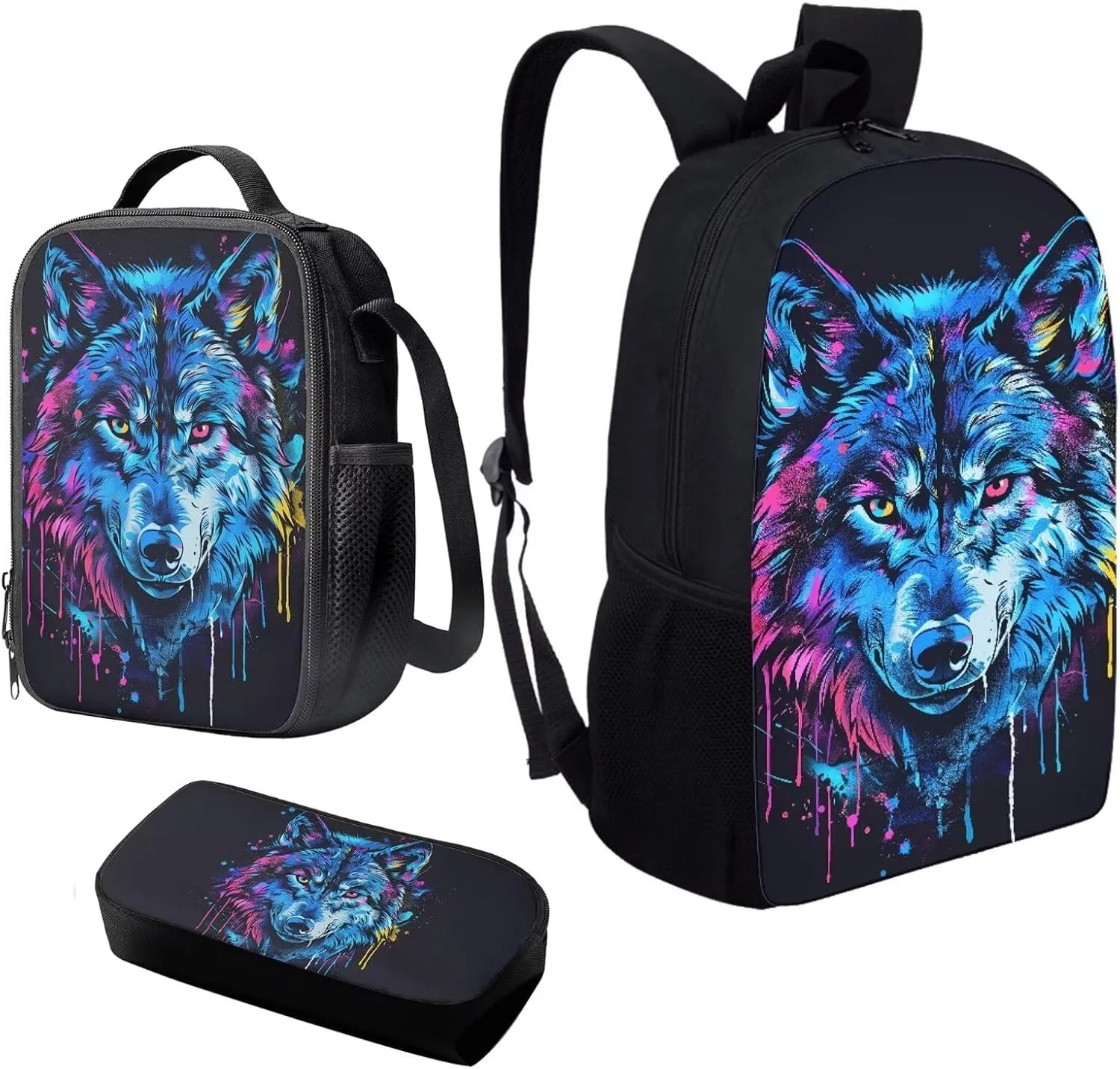 Howilath Blue Wolf Graffiti Pattern Backpack with Lunch Bag for Boys School, 17 Inch Teen Backpack Set Kids School Bags Bookbags 3 in 1 Pencial Case With Lunchbox