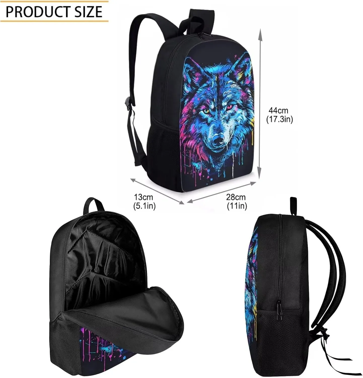 Howilath Blue Wolf Graffiti Pattern Backpack with Lunch Bag for Boys School, 17 Inch Teen Backpack Set Kids School Bags Bookbags 3 in 1 Pencial Case With Lunchbox