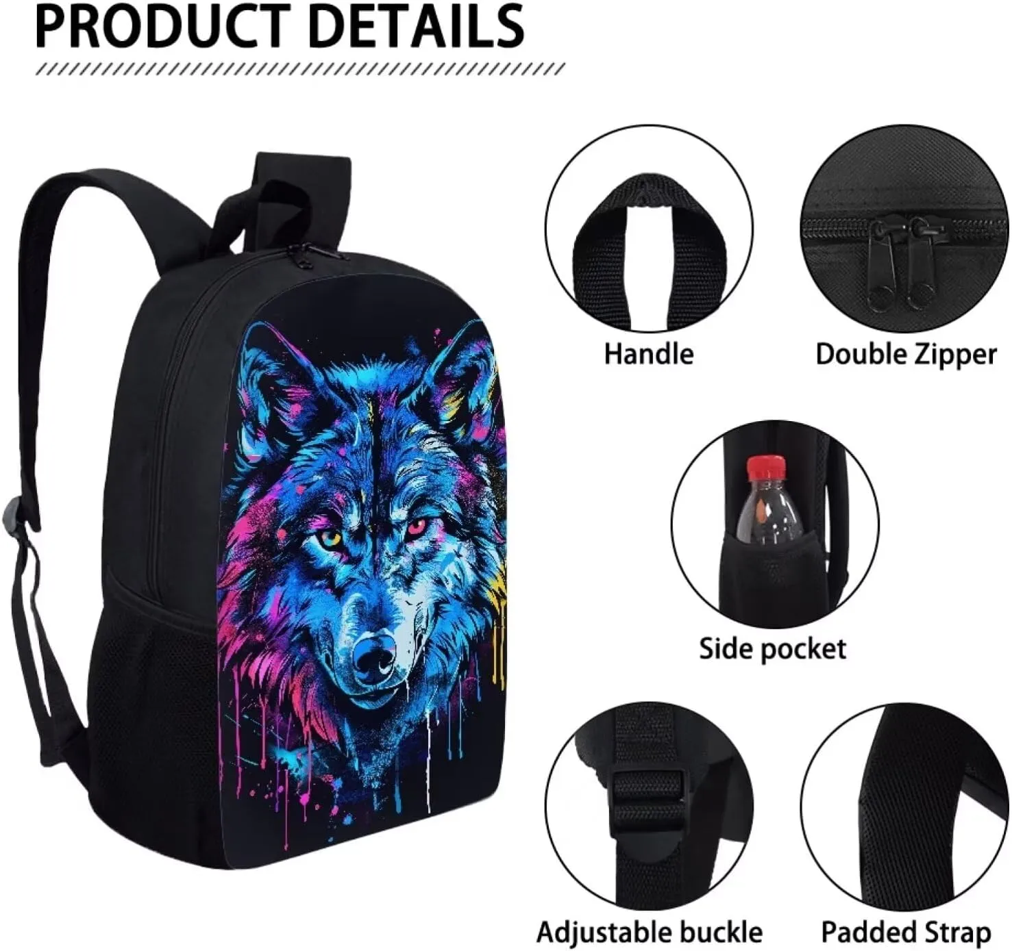 Howilath Blue Wolf Graffiti Pattern Backpack with Lunch Bag for Boys School, 17 Inch Teen Backpack Set Kids School Bags Bookbags 3 in 1 Pencial Case With Lunchbox