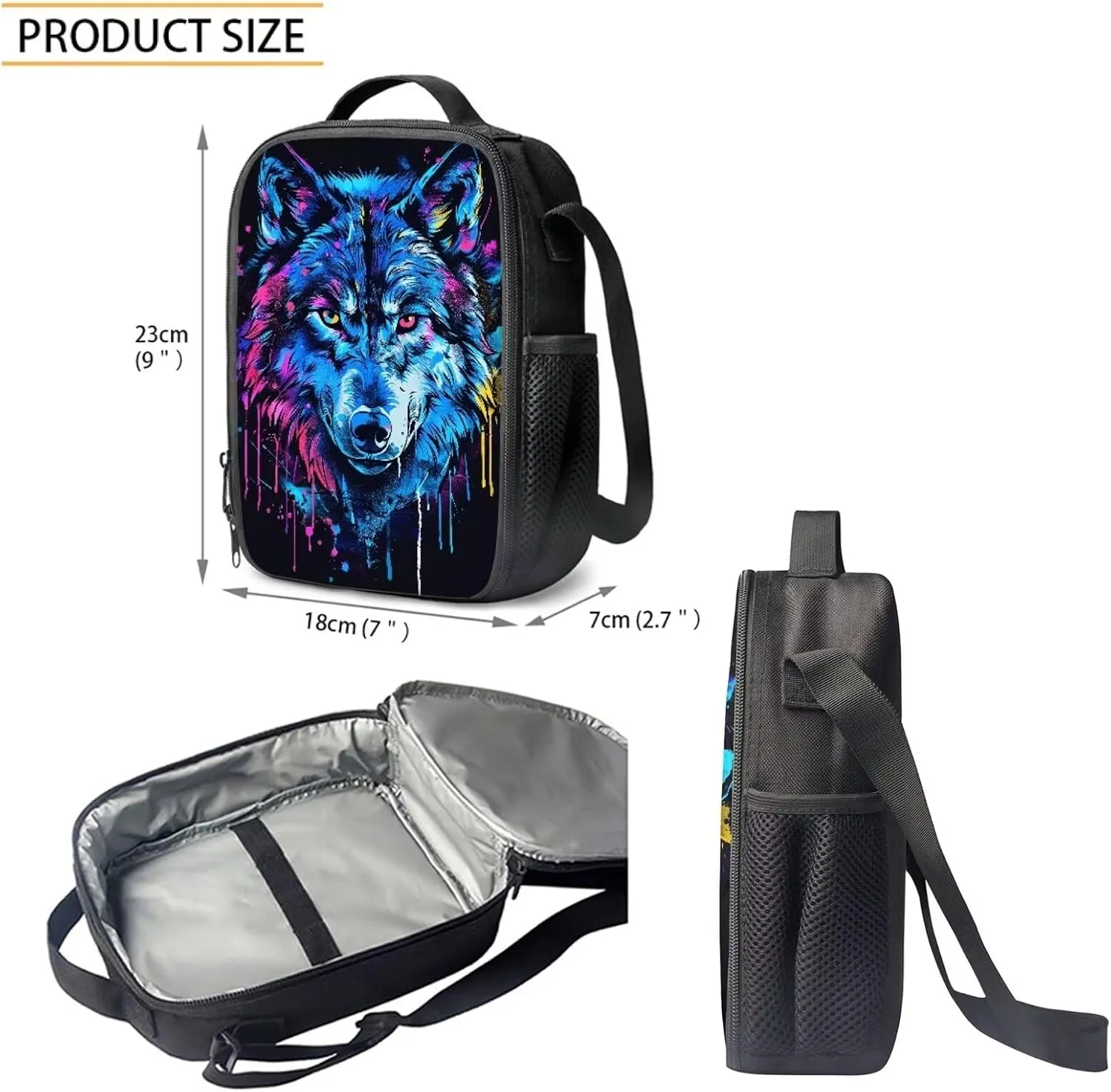 Howilath Blue Wolf Graffiti Pattern Backpack with Lunch Bag for Boys School, 17 Inch Teen Backpack Set Kids School Bags Bookbags 3 in 1 Pencial Case With Lunchbox