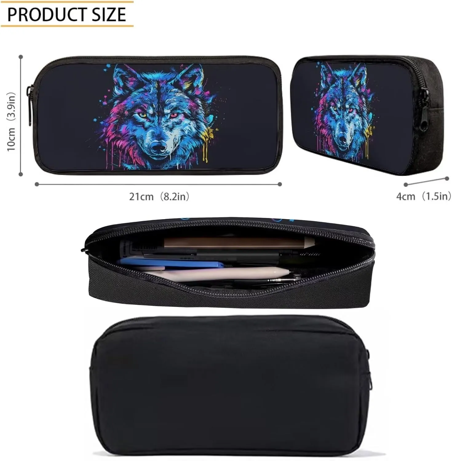 Howilath Blue Wolf Graffiti Pattern Backpack with Lunch Bag for Boys School, 17 Inch Teen Backpack Set Kids School Bags Bookbags 3 in 1 Pencial Case With Lunchbox