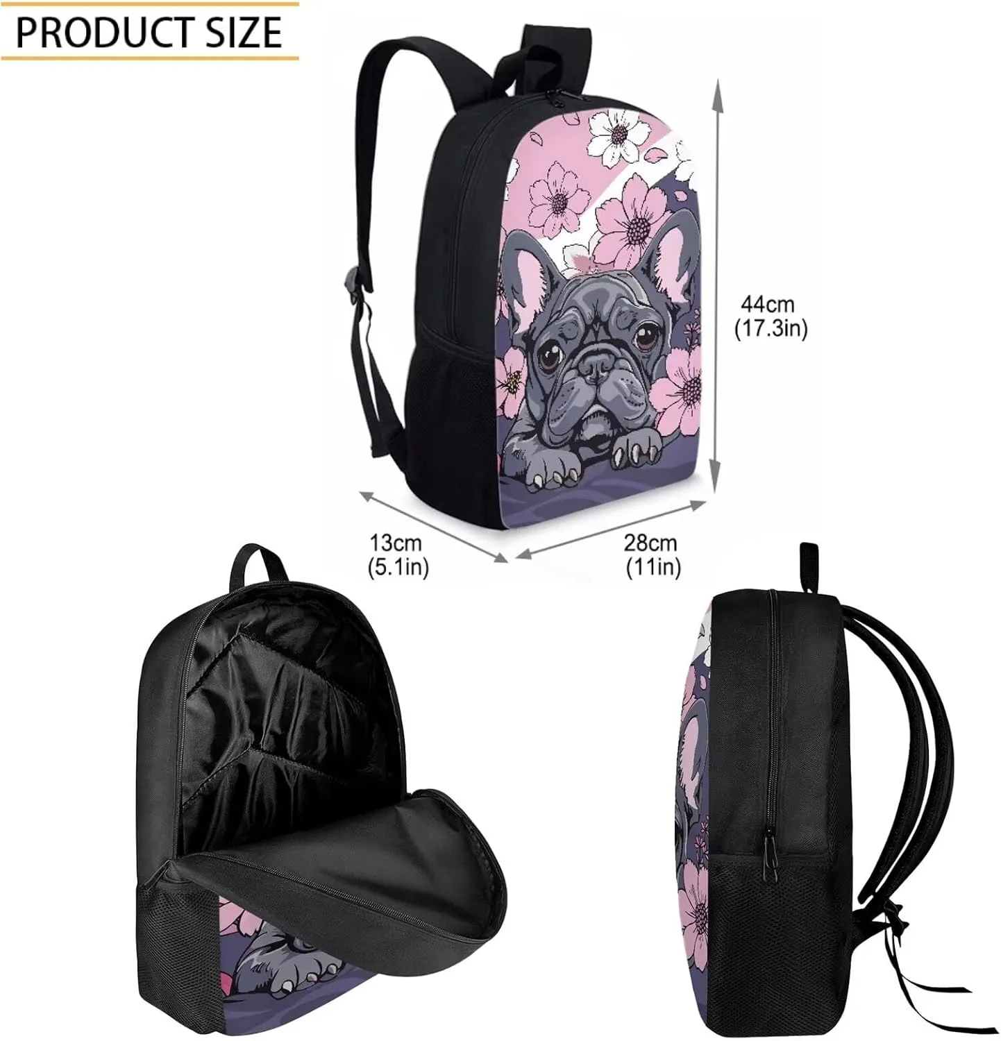 Howilath Cartoon French Bulldog Print School Backpack Set for Kids, 17 Inch School Bag with Lunchbox & Pencil Case