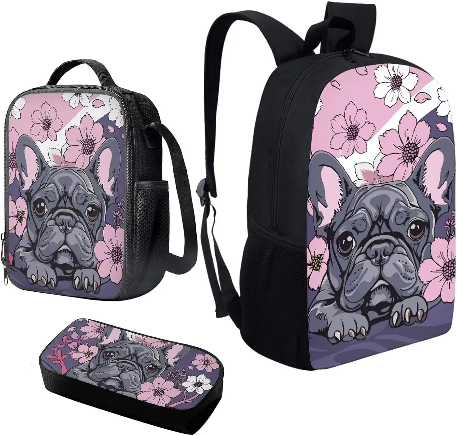 Howilath Cartoon French Bulldog Print School Backpack Set for Kids, 17 Inch School Bag with Lunchbox & Pencil Case