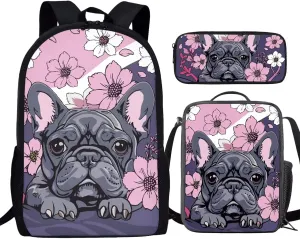 Howilath Cartoon French Bulldog Print School Backpack Set for Kids, 17 Inch School Bag with Lunchbox & Pencil Case