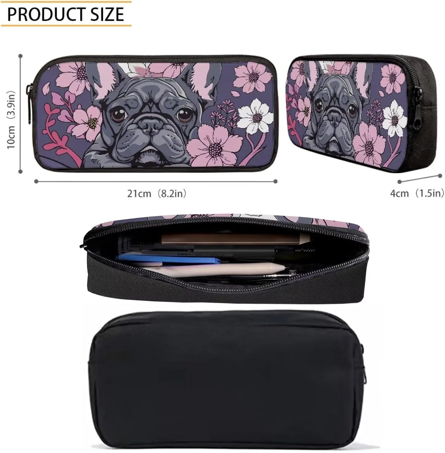 Howilath Cartoon French Bulldog Print School Backpack Set for Kids, 17 Inch School Bag with Lunchbox & Pencil Case