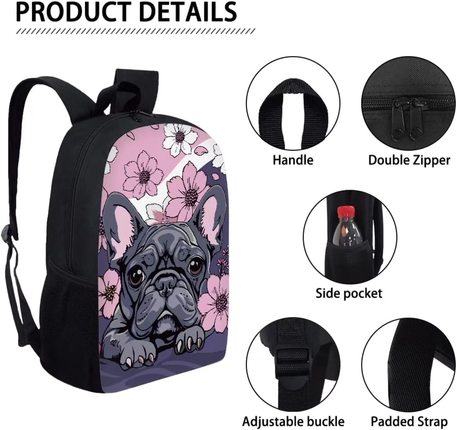 Howilath Cartoon French Bulldog Print School Backpack Set for Kids, 17 Inch School Bag with Lunchbox & Pencil Case
