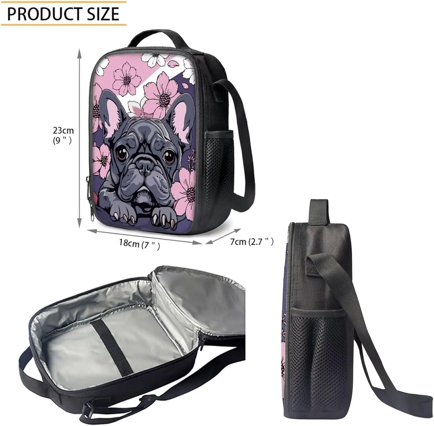 Howilath Cartoon French Bulldog Print School Backpack Set for Kids, 17 Inch School Bag with Lunchbox & Pencil Case