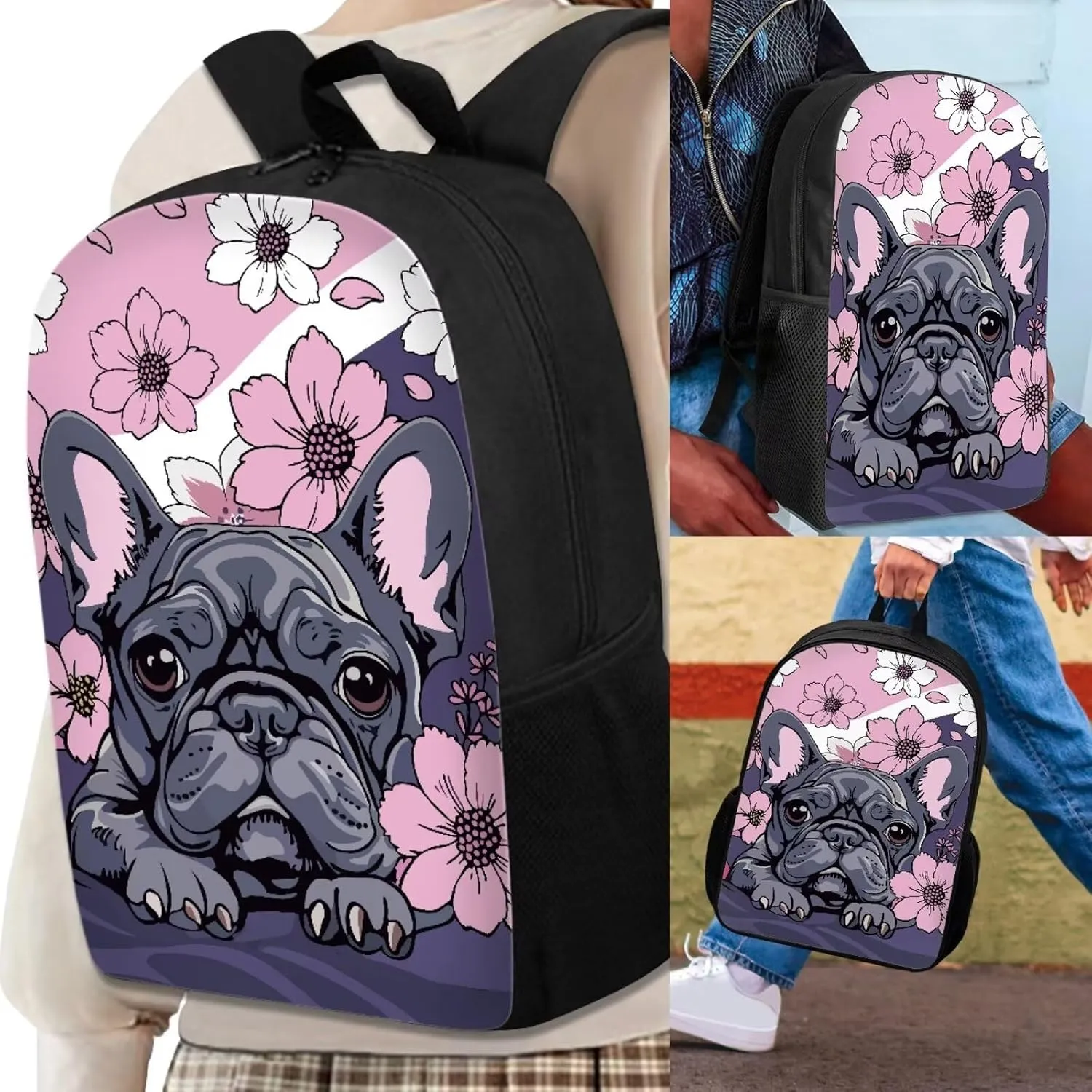 Howilath Cartoon French Bulldog Print School Backpack Set for Kids, 17 Inch School Bag with Lunchbox & Pencil Case