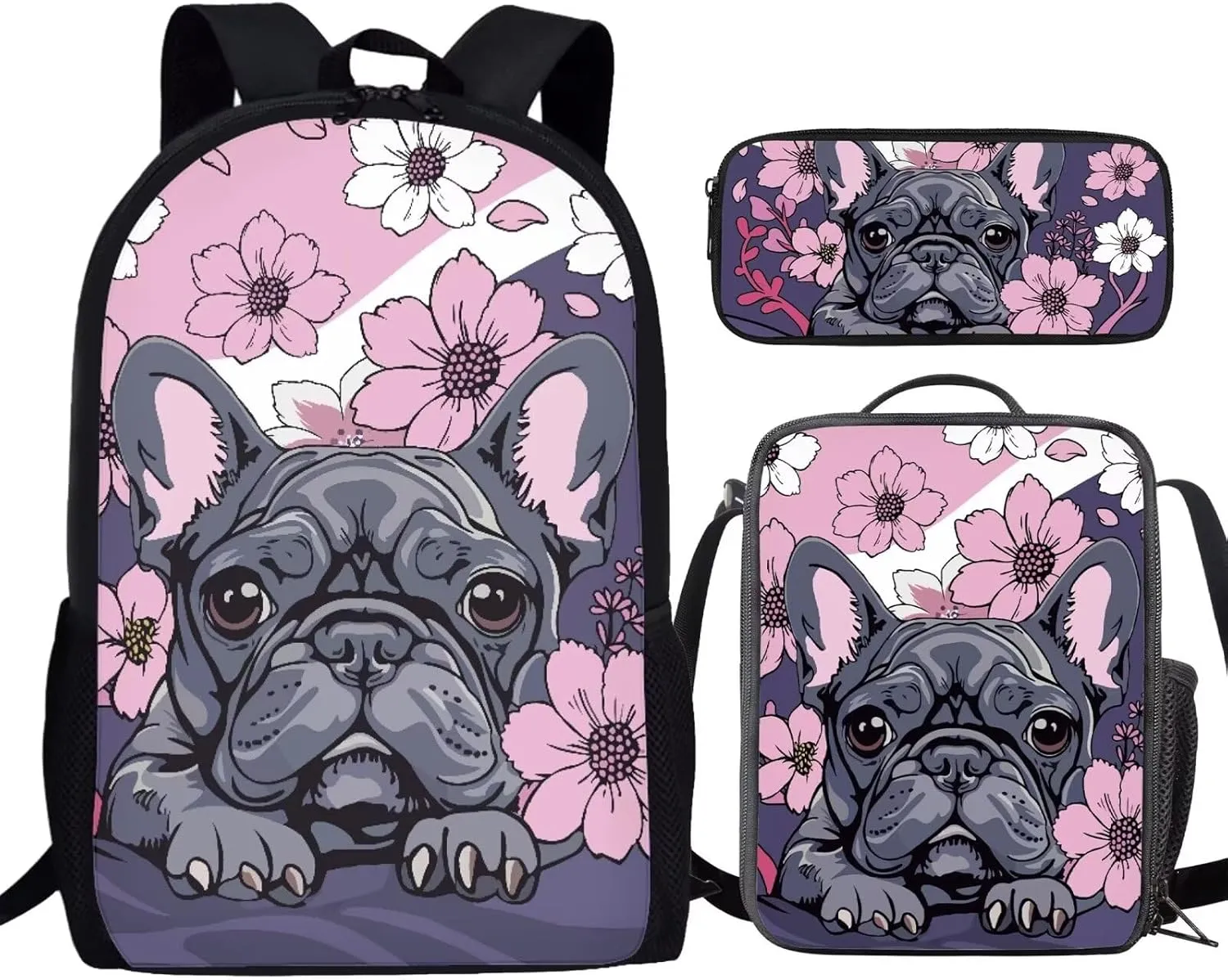 Howilath Cartoon French Bulldog Print School Backpack Set for Kids, 17 Inch School Bag with Lunchbox & Pencil Case