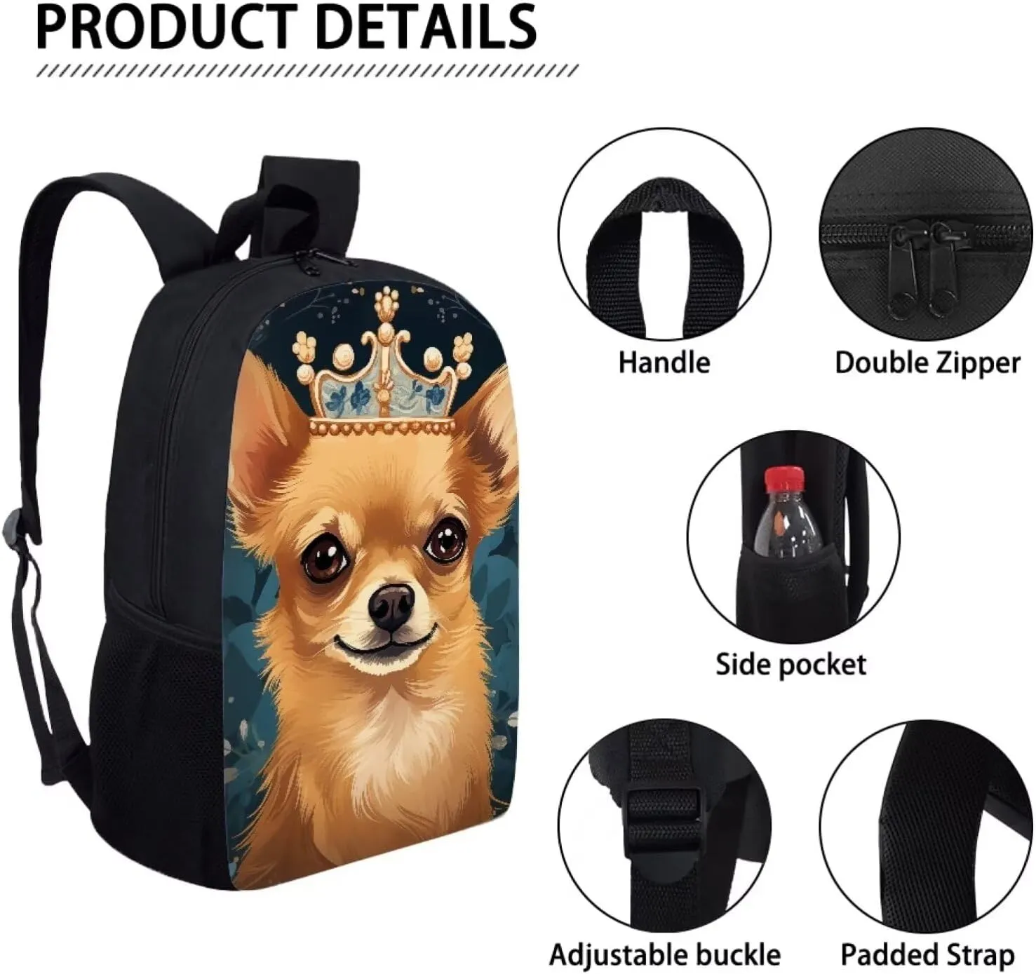 Howilath Chihuahua Dog Queen Pattern School Canvas Backpack Teens Bag Bookbags Set 3 in 1 Set, 17" Backpack Set Kids Girls Book Bag with Lunch Box Pencil Case