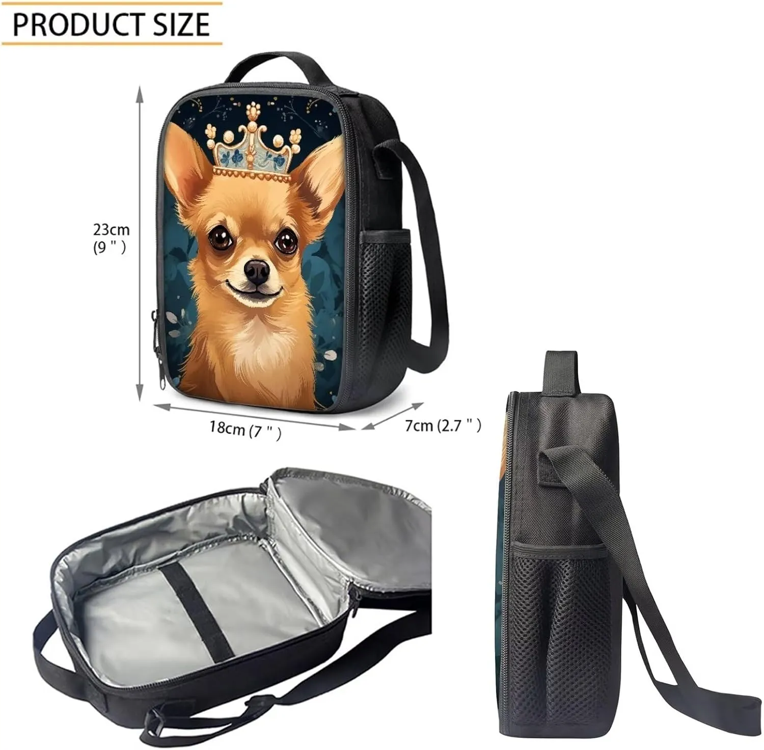Howilath Chihuahua Dog Queen Pattern School Canvas Backpack Teens Bag Bookbags Set 3 in 1 Set, 17" Backpack Set Kids Girls Book Bag with Lunch Box Pencil Case