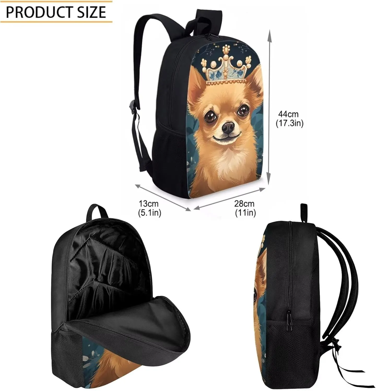 Howilath Chihuahua Dog Queen Pattern School Canvas Backpack Teens Bag Bookbags Set 3 in 1 Set, 17" Backpack Set Kids Girls Book Bag with Lunch Box Pencil Case