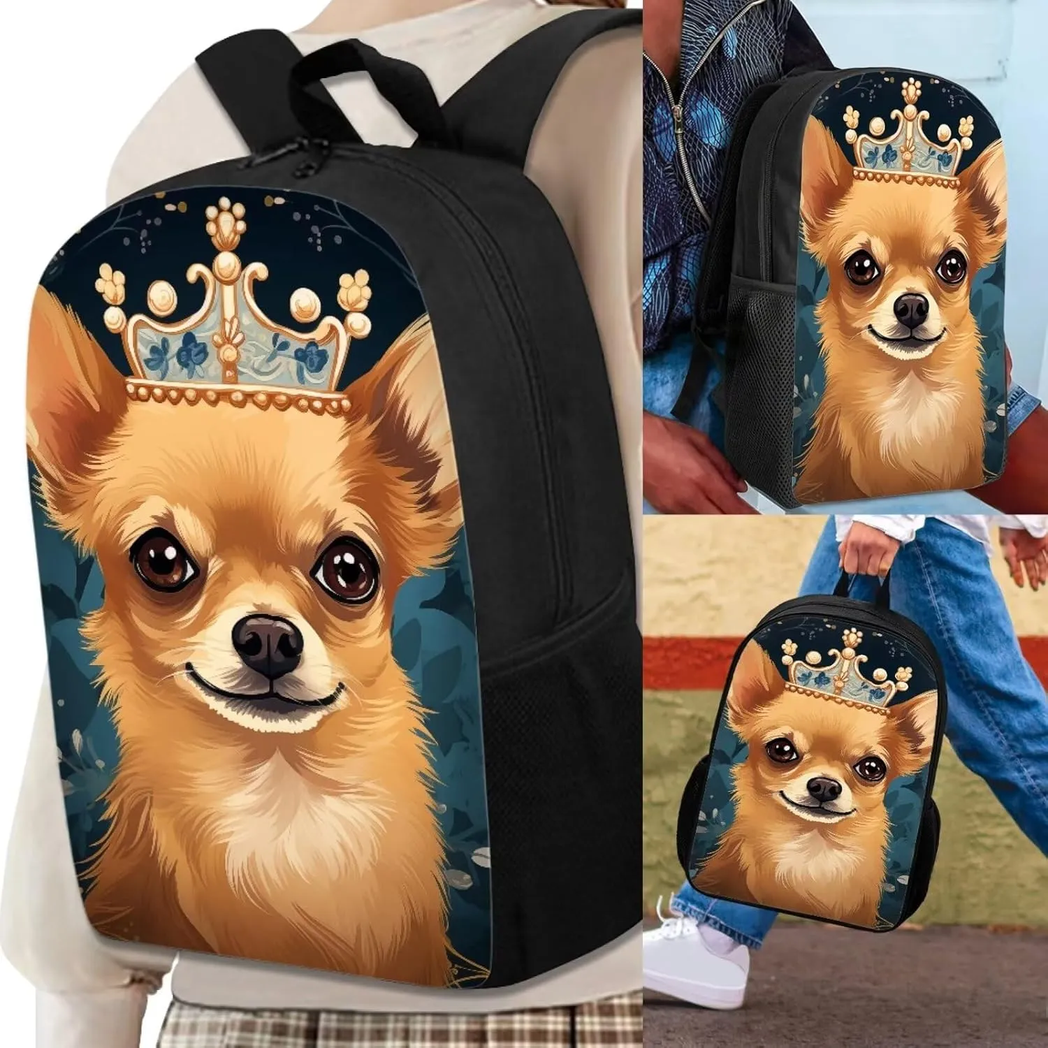 Howilath Chihuahua Dog Queen Pattern School Canvas Backpack Teens Bag Bookbags Set 3 in 1 Set, 17" Backpack Set Kids Girls Book Bag with Lunch Box Pencil Case