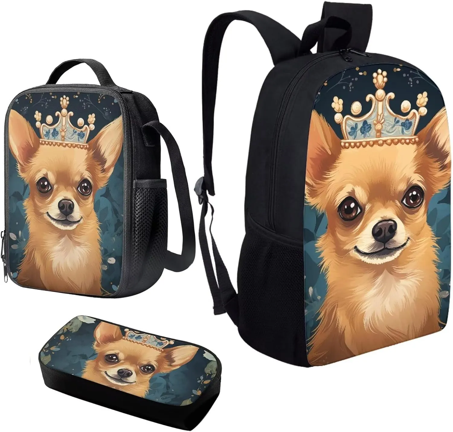 Howilath Chihuahua Dog Queen Pattern School Canvas Backpack Teens Bag Bookbags Set 3 in 1 Set, 17" Backpack Set Kids Girls Book Bag with Lunch Box Pencil Case