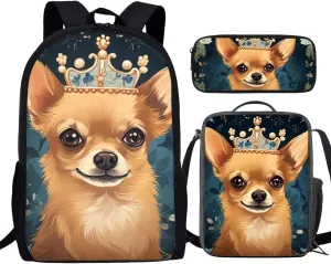 Howilath Chihuahua Dog Queen Pattern School Canvas Backpack Teens Bag Bookbags Set 3 in 1 Set, 17" Backpack Set Kids Girls Book Bag with Lunch Box Pencil Case