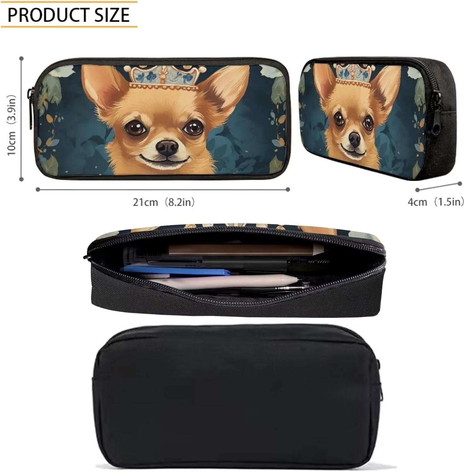 Howilath Chihuahua Dog Queen Pattern School Canvas Backpack Teens Bag Bookbags Set 3 in 1 Set, 17" Backpack Set Kids Girls Book Bag with Lunch Box Pencil Case