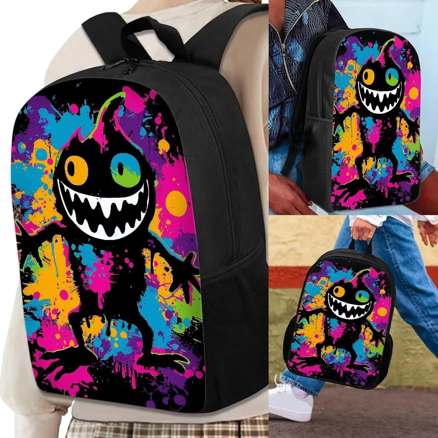 Howilath Colorful Graffiti Monster Pattern School Backpack for Boys Girls Backpack Set 3 Pieces with Lunchbox Pencilcase, 17 Inch Backpack School Bag Set Bookbag