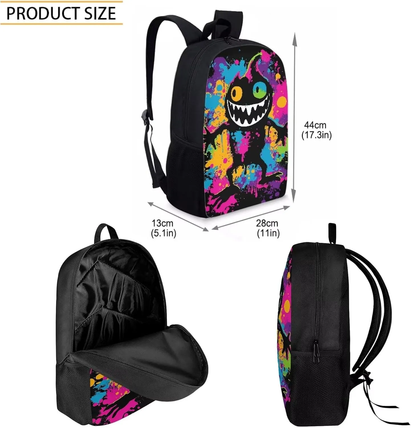 Howilath Colorful Graffiti Monster Pattern School Backpack for Boys Girls Backpack Set 3 Pieces with Lunchbox Pencilcase, 17 Inch Backpack School Bag Set Bookbag
