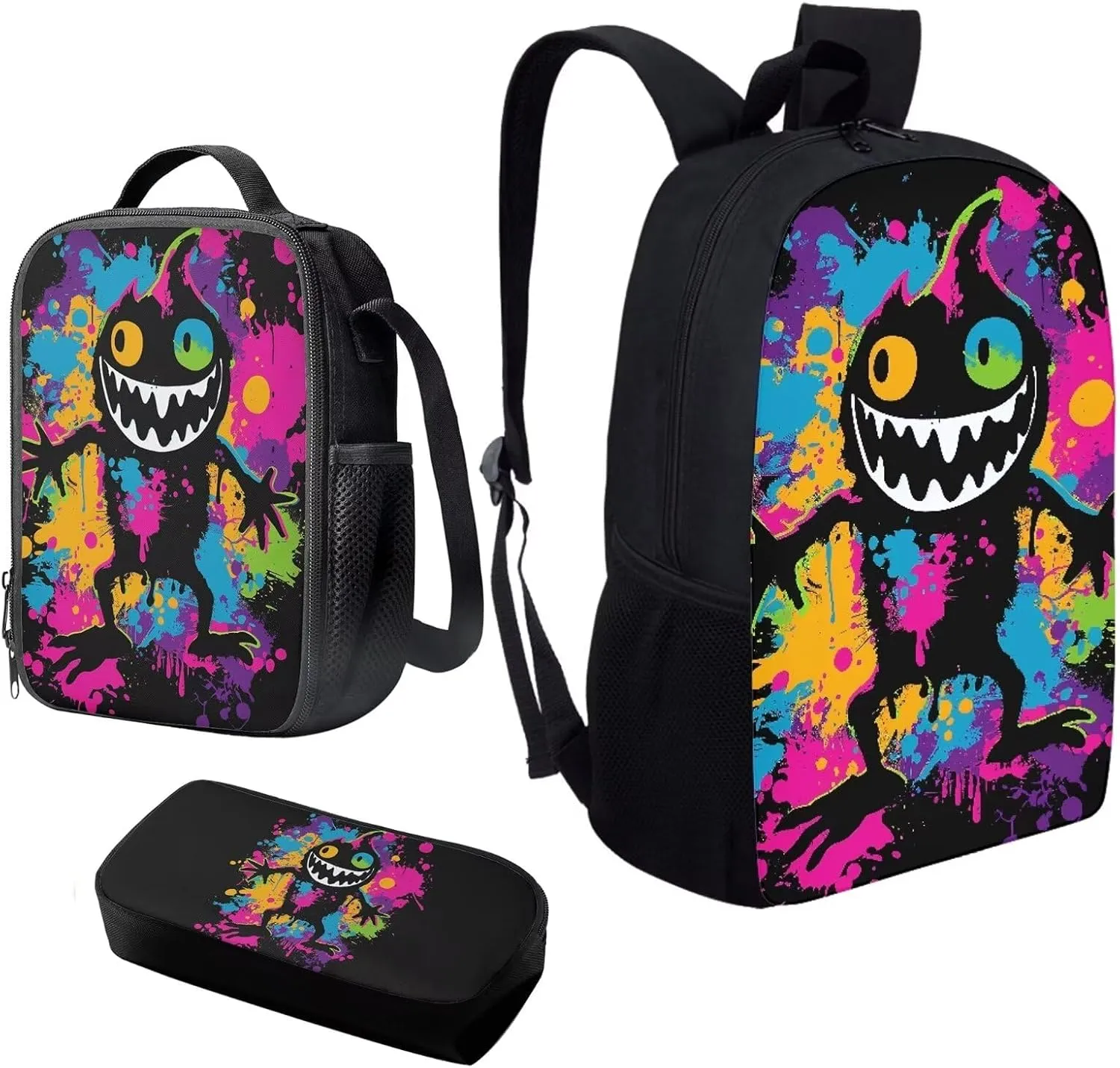 Howilath Colorful Graffiti Monster Pattern School Backpack for Boys Girls Backpack Set 3 Pieces with Lunchbox Pencilcase, 17 Inch Backpack School Bag Set Bookbag