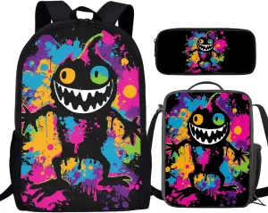 Howilath Colorful Graffiti Monster Pattern School Backpack for Boys Girls Backpack Set 3 Pieces with Lunchbox Pencilcase, 17 Inch Backpack School Bag Set Bookbag