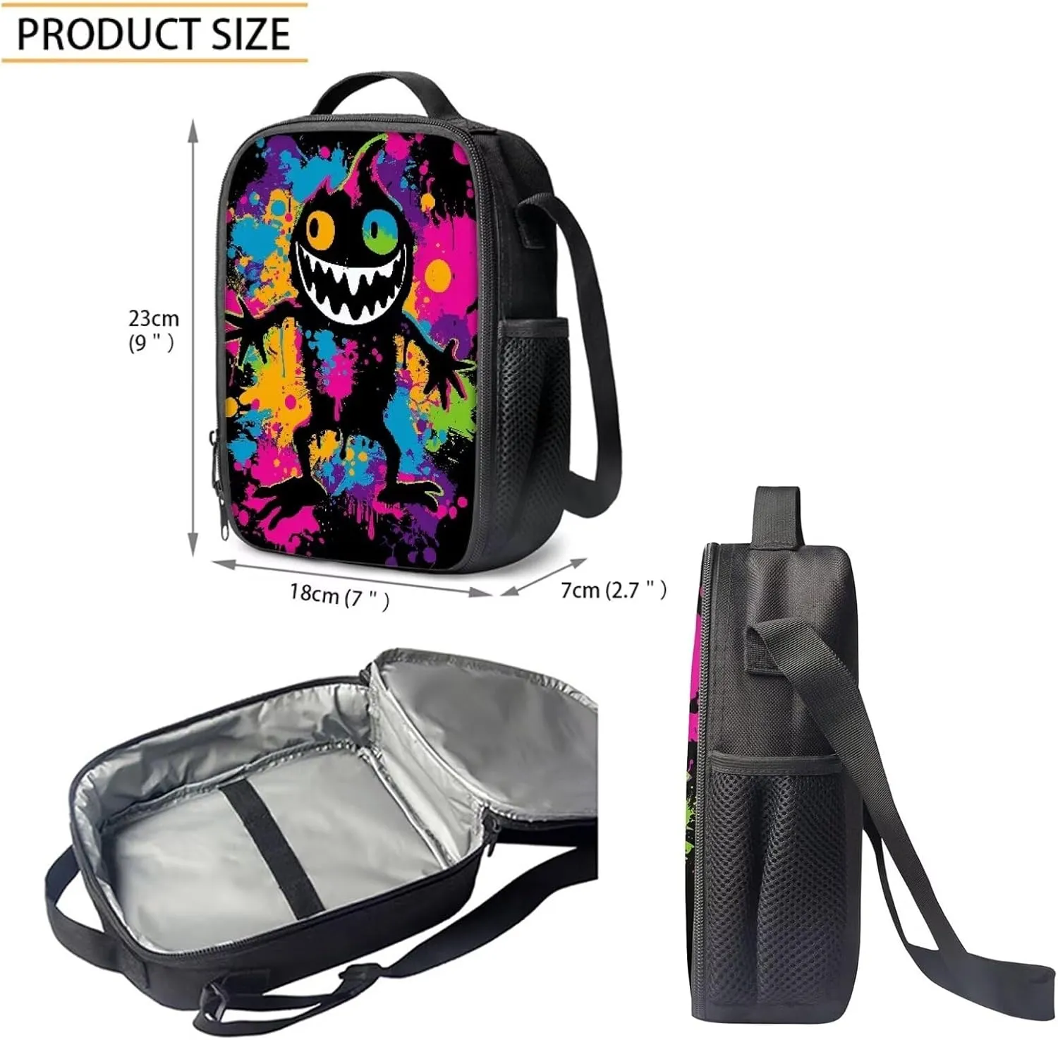 Howilath Colorful Graffiti Monster Pattern School Backpack for Boys Girls Backpack Set 3 Pieces with Lunchbox Pencilcase, 17 Inch Backpack School Bag Set Bookbag