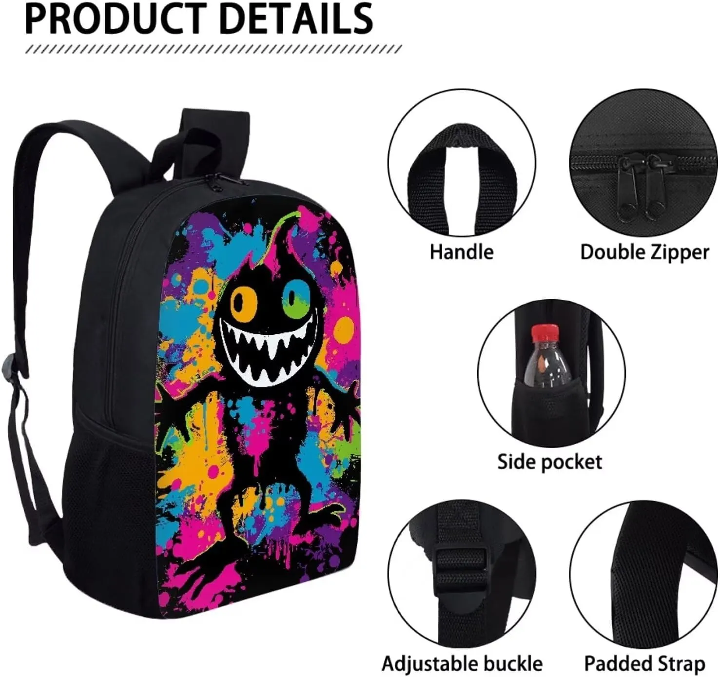 Howilath Colorful Graffiti Monster Pattern School Backpack for Boys Girls Backpack Set 3 Pieces with Lunchbox Pencilcase, 17 Inch Backpack School Bag Set Bookbag