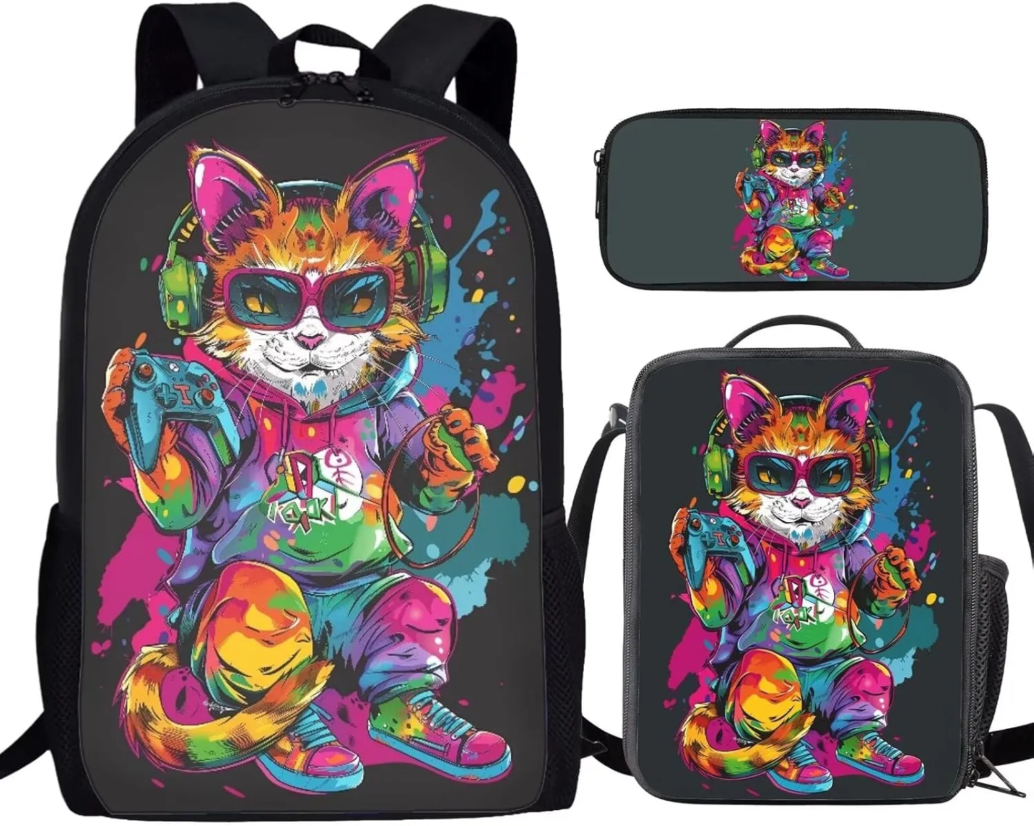 Howilath Cool Cat Game Player Pattern School Bag Set Game Lovers Backpack Casual Daypack Insulated Lunchbox Pencil Case 3 Piece for Teen Kids