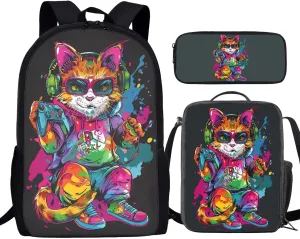 Howilath Cool Cat Game Player Pattern School Bag Set Game Lovers Backpack Casual Daypack Insulated Lunchbox Pencil Case 3 Piece for Teen Kids